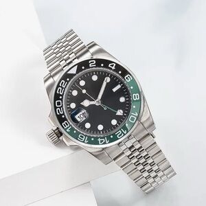 Stainless Steel GMT-Style Watch with Black Dial & Green/Black Bezel